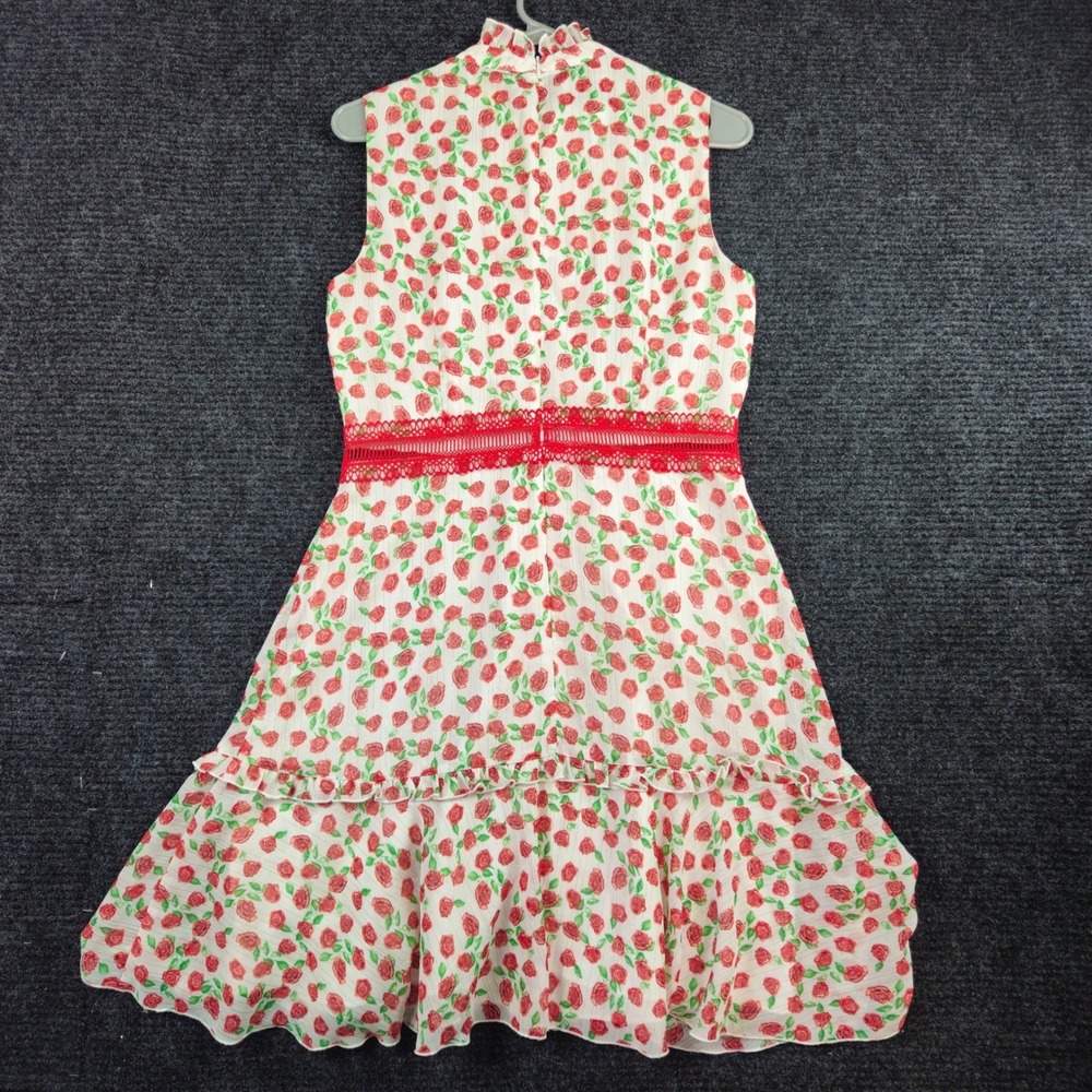 DONNA MORGAN Sleeveless Fit Flare Dress Size 8 Rose Print Ruffled Lace White Red - Picture 4 of 10